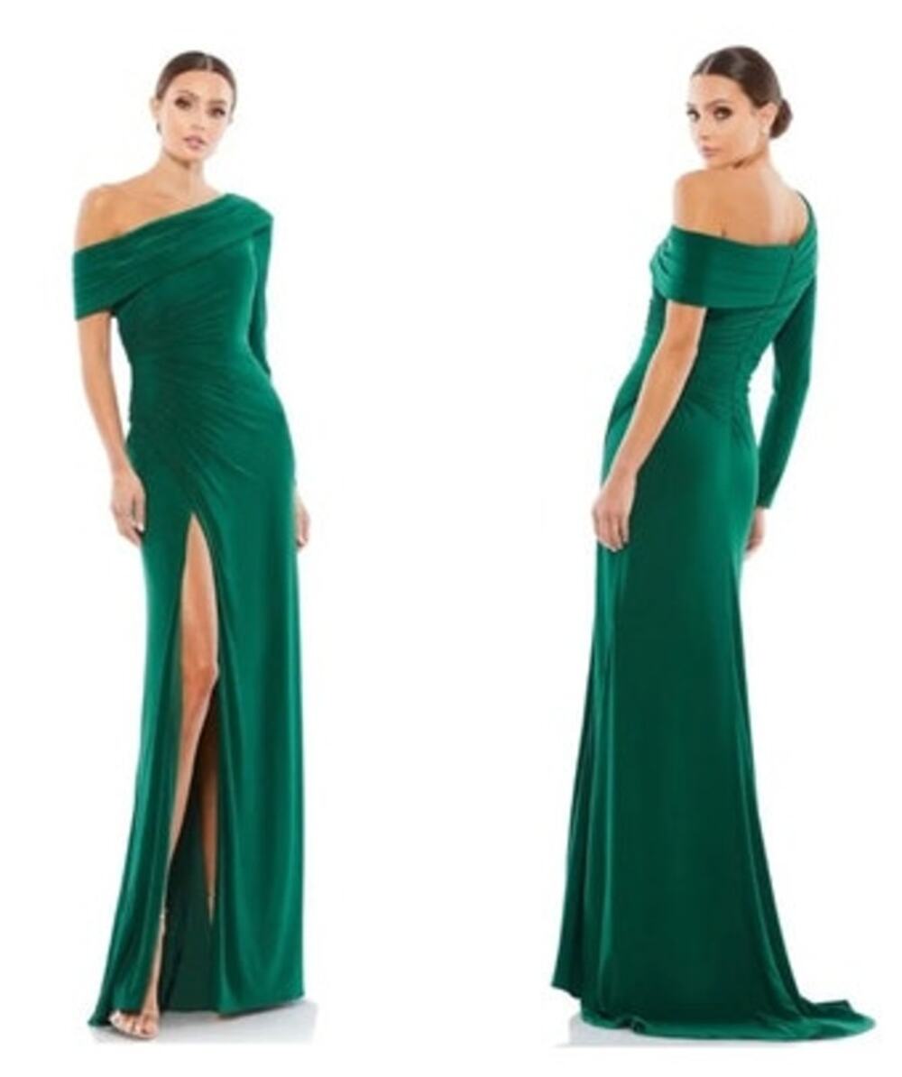 IEENA for Mac Duggal 26570 Dress One Shoulder Faux Wrap Gown Green NWT 0